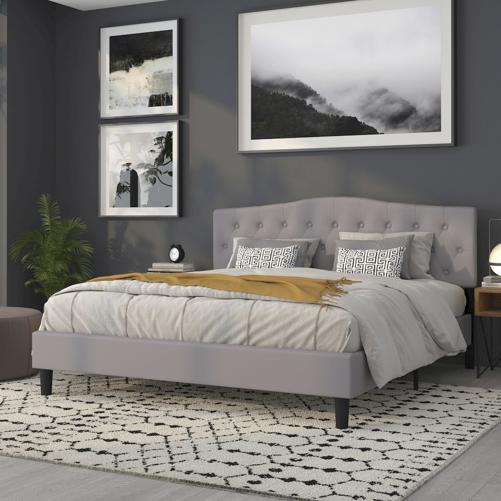 Tufted Upholstered King Size Headboard in Light Gray Fabric. Picture 8
