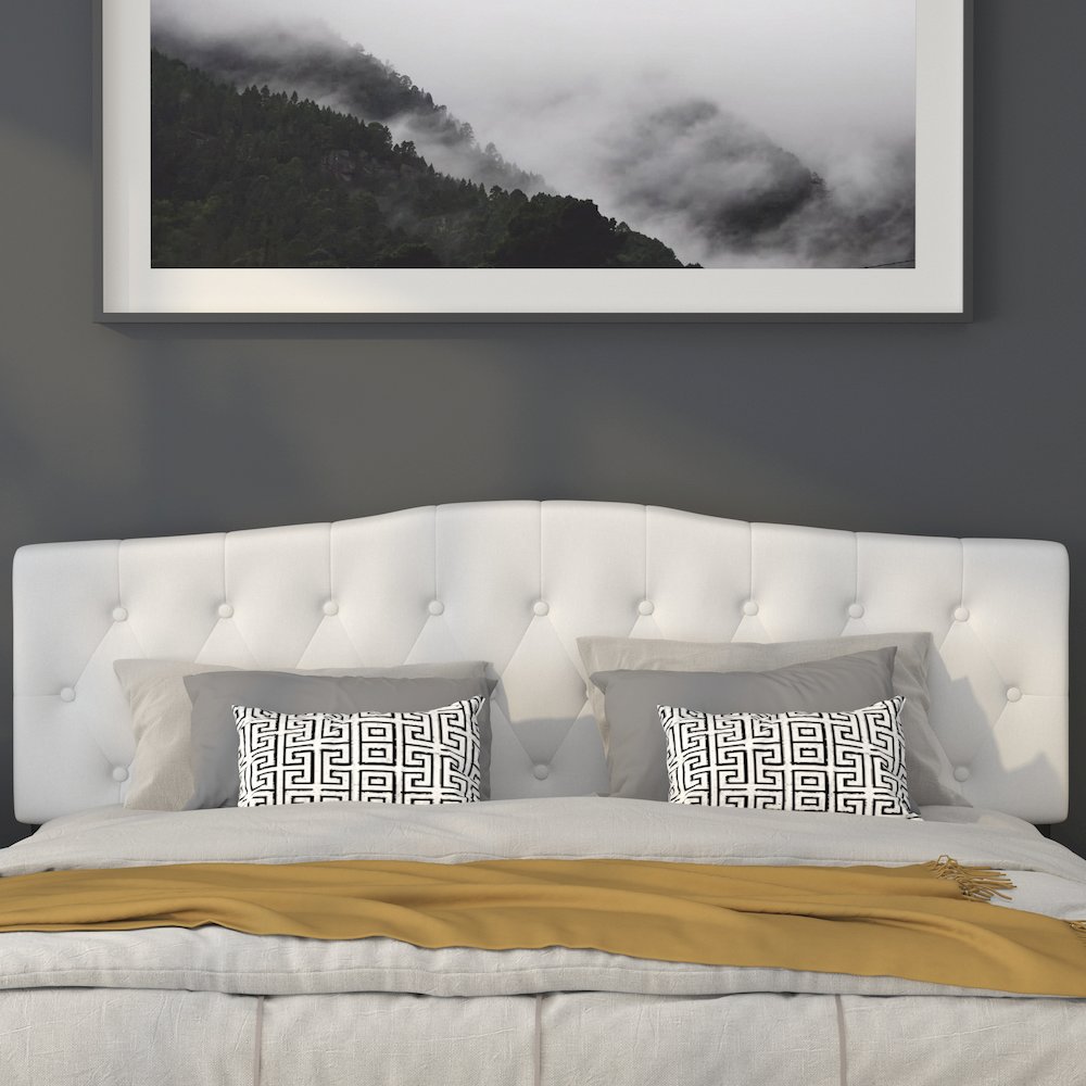 Tufted Upholstered King Size Headboard in White Fabric. Picture 6