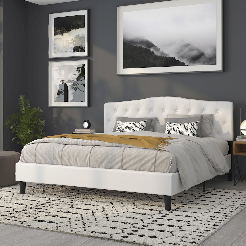 Tufted Upholstered King Size Headboard in White Fabric. Picture 7