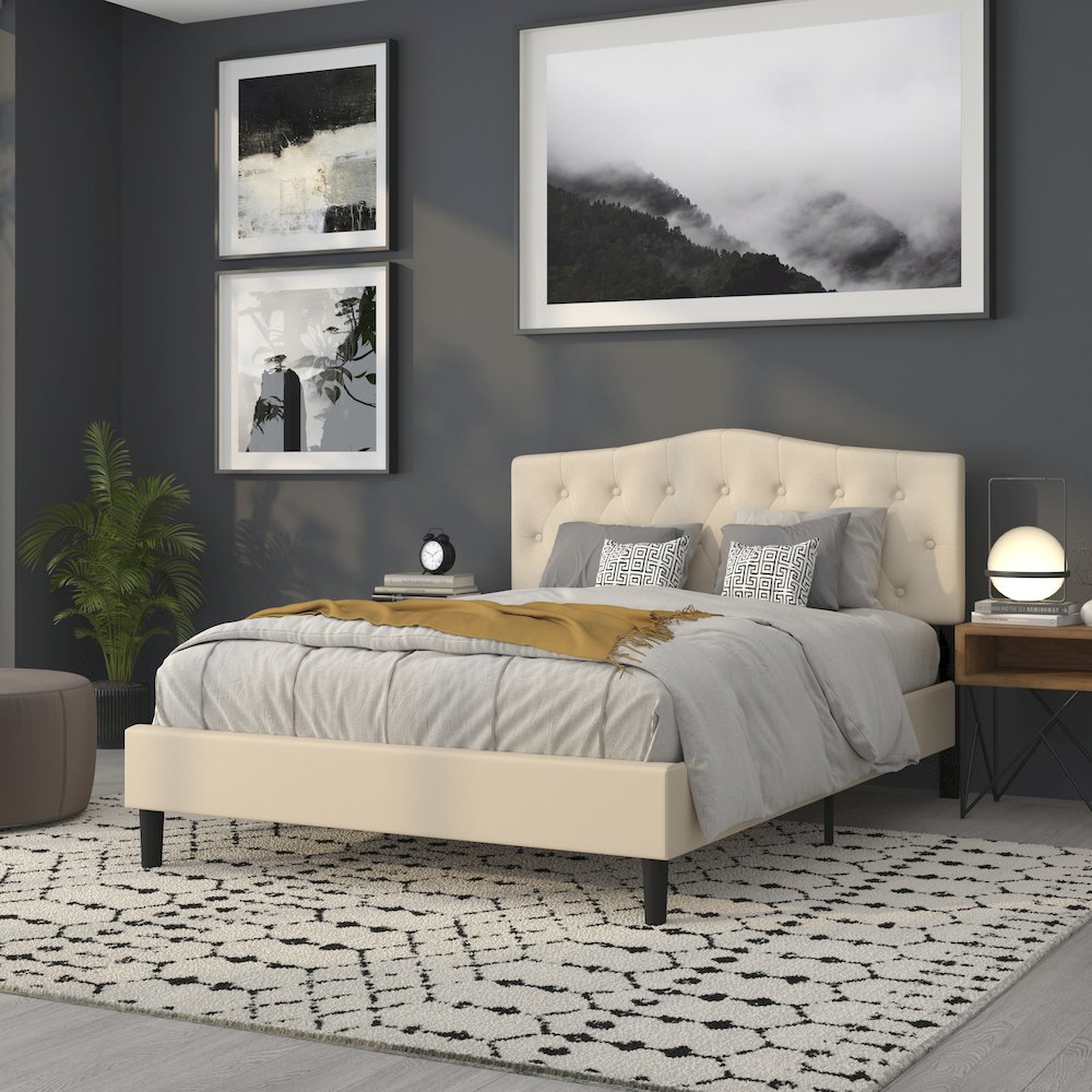 Tufted Upholstered Queen Size Headboard in Beige Fabric. Picture 8