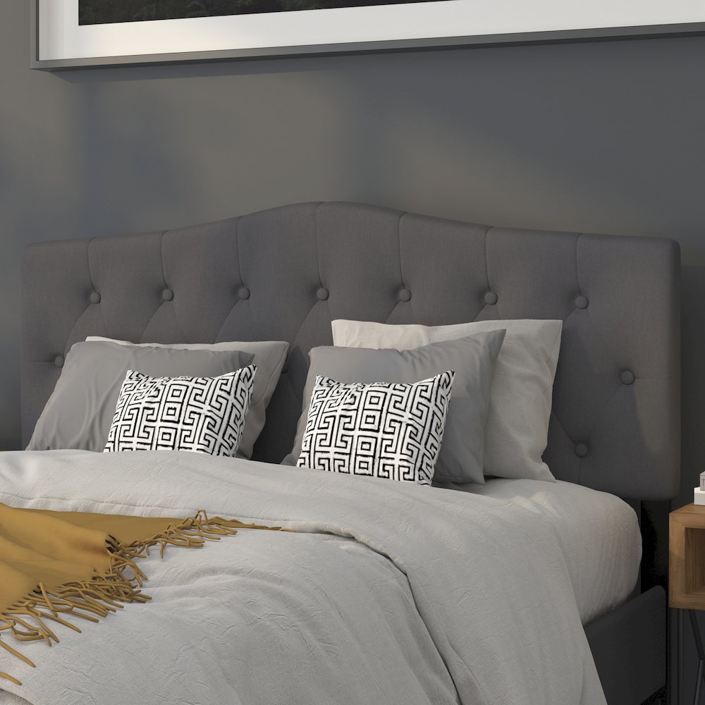 Tufted Upholstered Queen Size Headboard in Dark Gray Fabric. Picture 2