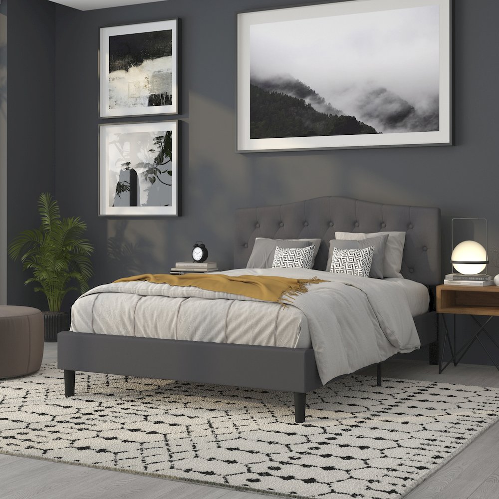 Tufted Upholstered Queen Size Headboard in Dark Gray Fabric. Picture 8
