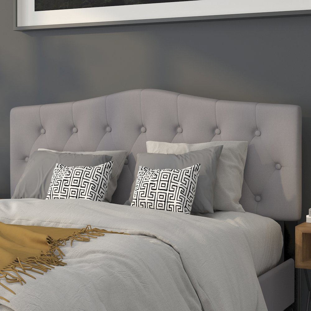Tufted Upholstered Queen Size Headboard in Light Gray Fabric. Picture 2