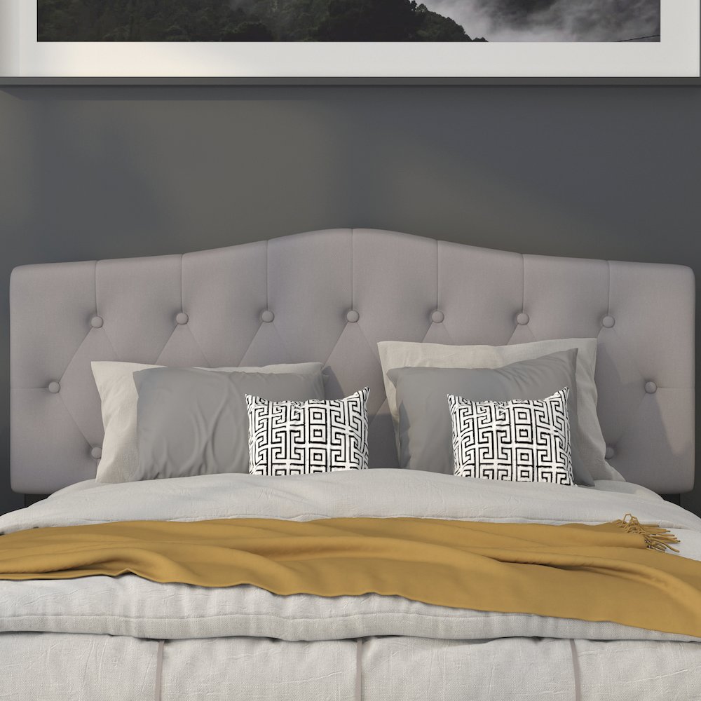 Tufted Upholstered Queen Size Headboard in Light Gray Fabric. Picture 7