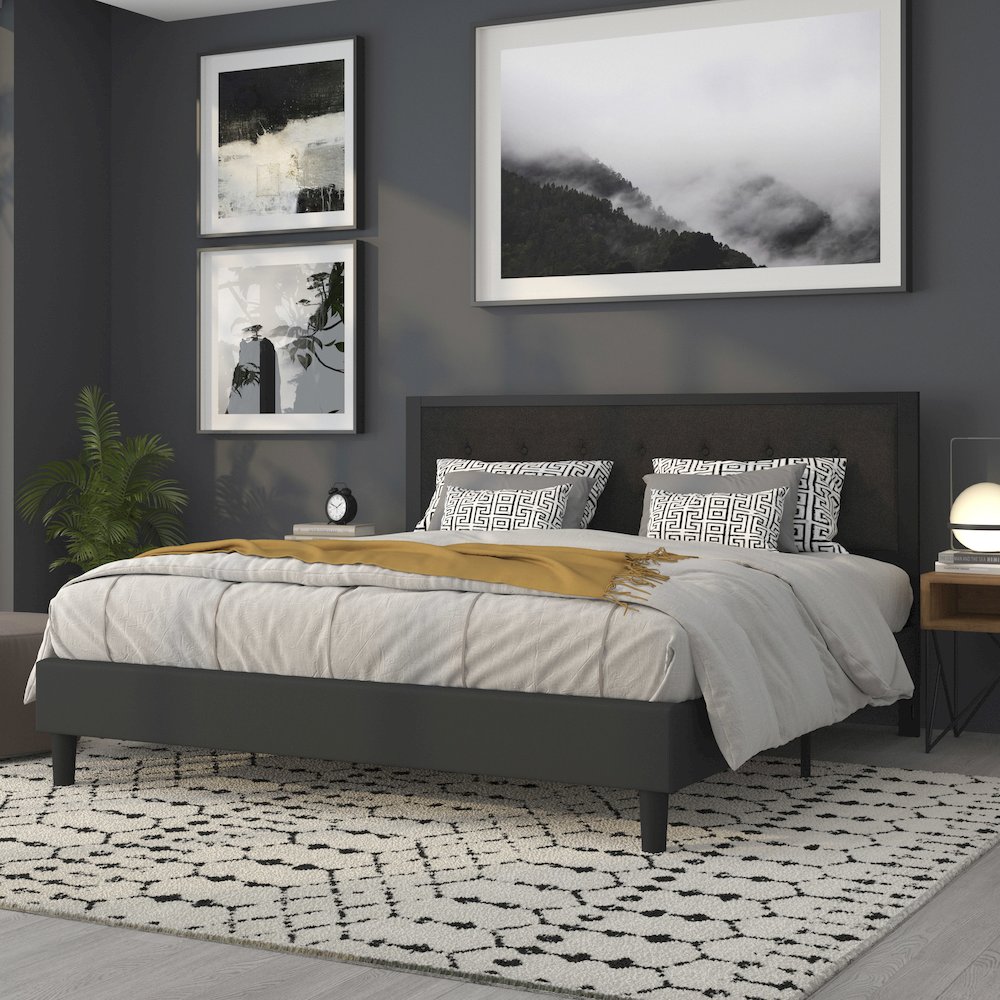 Metal Tufted Upholstered King Size Headboard in Black Fabric. Picture 7