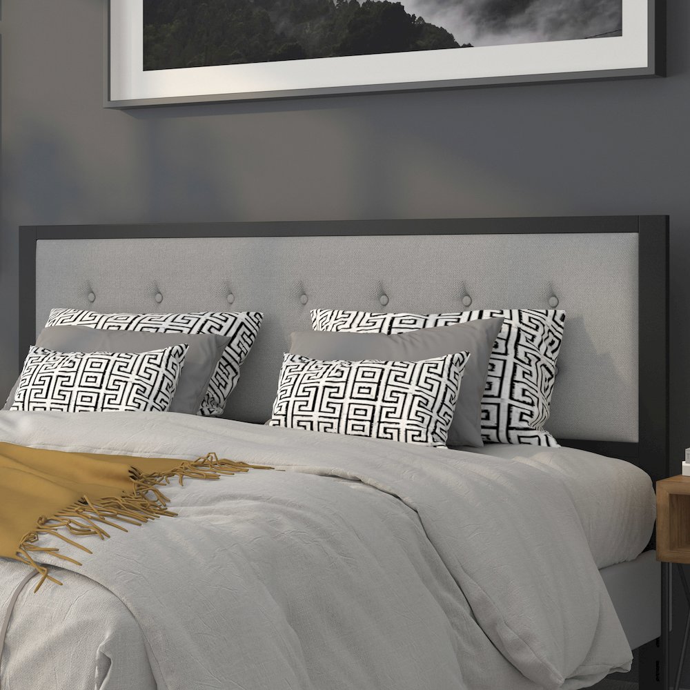 Metal Tufted Upholstered King Size Headboard in Light Gray Fabric. Picture 2