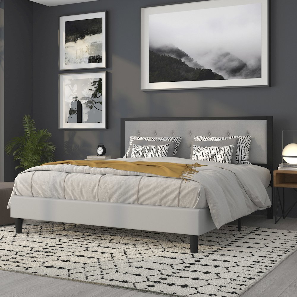 Metal Tufted Upholstered King Size Headboard in Light Gray Fabric. Picture 7