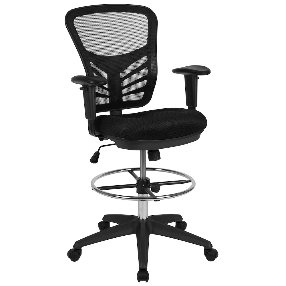 Mid-Back Black Mesh Ergonomic Drafting Chair with Adjustable Chrome Foot Ring, Adjustable Arms and Black Frame. Picture 1