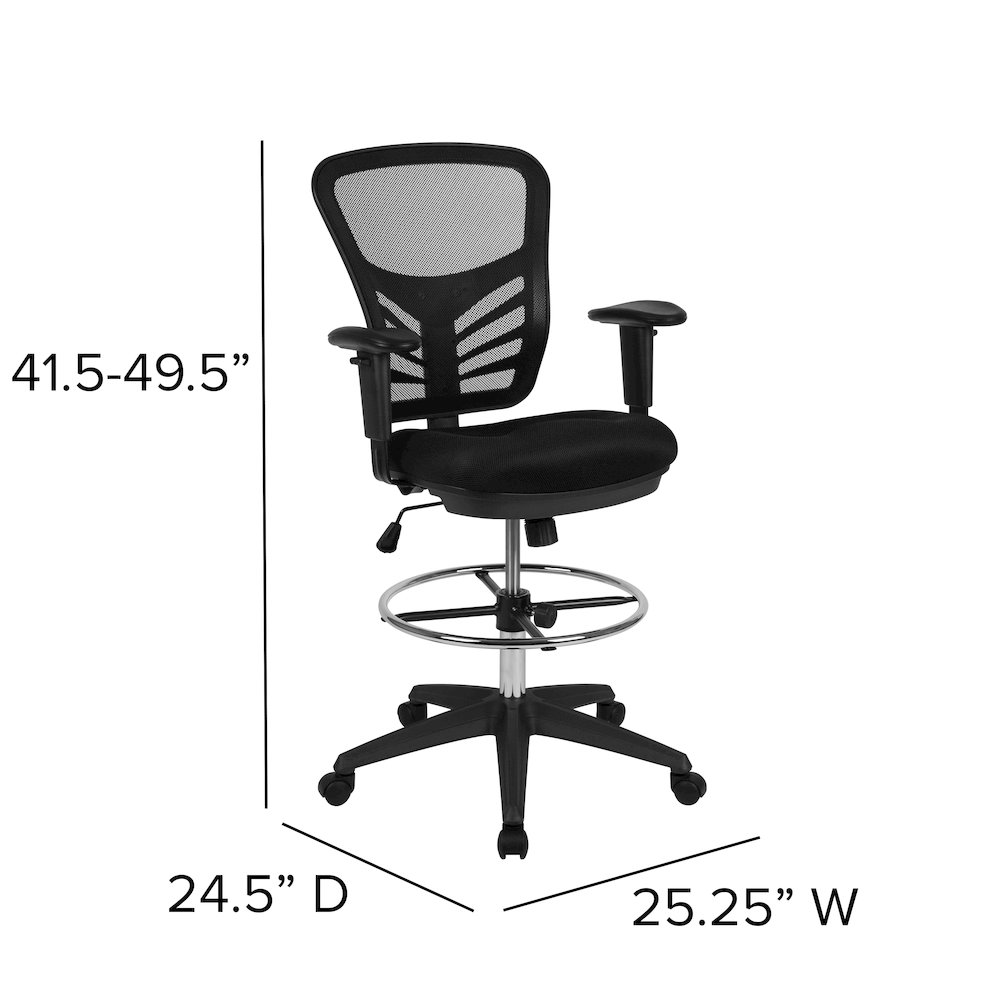 Mid-Back Black Mesh Ergonomic Drafting Chair with Adjustable Chrome Foot Ring, Adjustable Arms and Black Frame. Picture 2