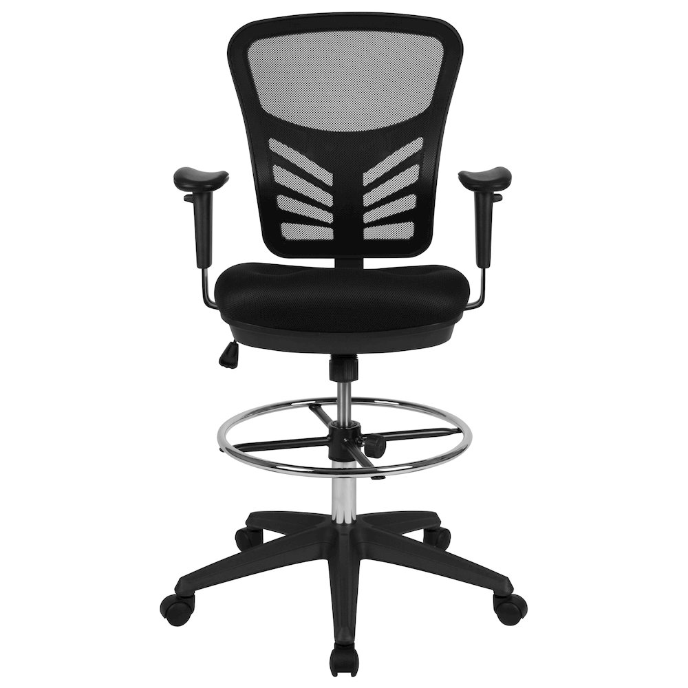 Mid-Back Black Mesh Ergonomic Drafting Chair with Adjustable Chrome Foot Ring, Adjustable Arms and Black Frame. Picture 5