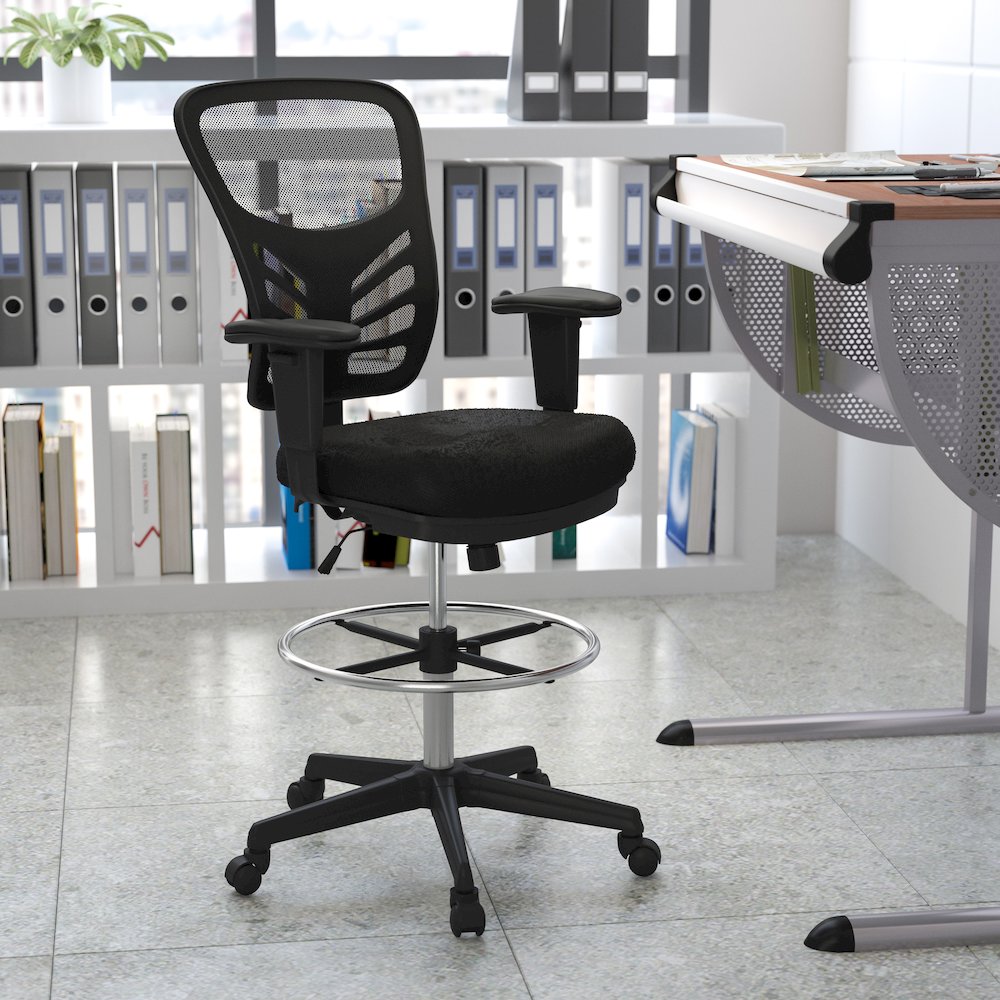 Mid-Back Black Mesh Ergonomic Drafting Chair with Adjustable Chrome Foot Ring, Adjustable Arms and Black Frame. Picture 11