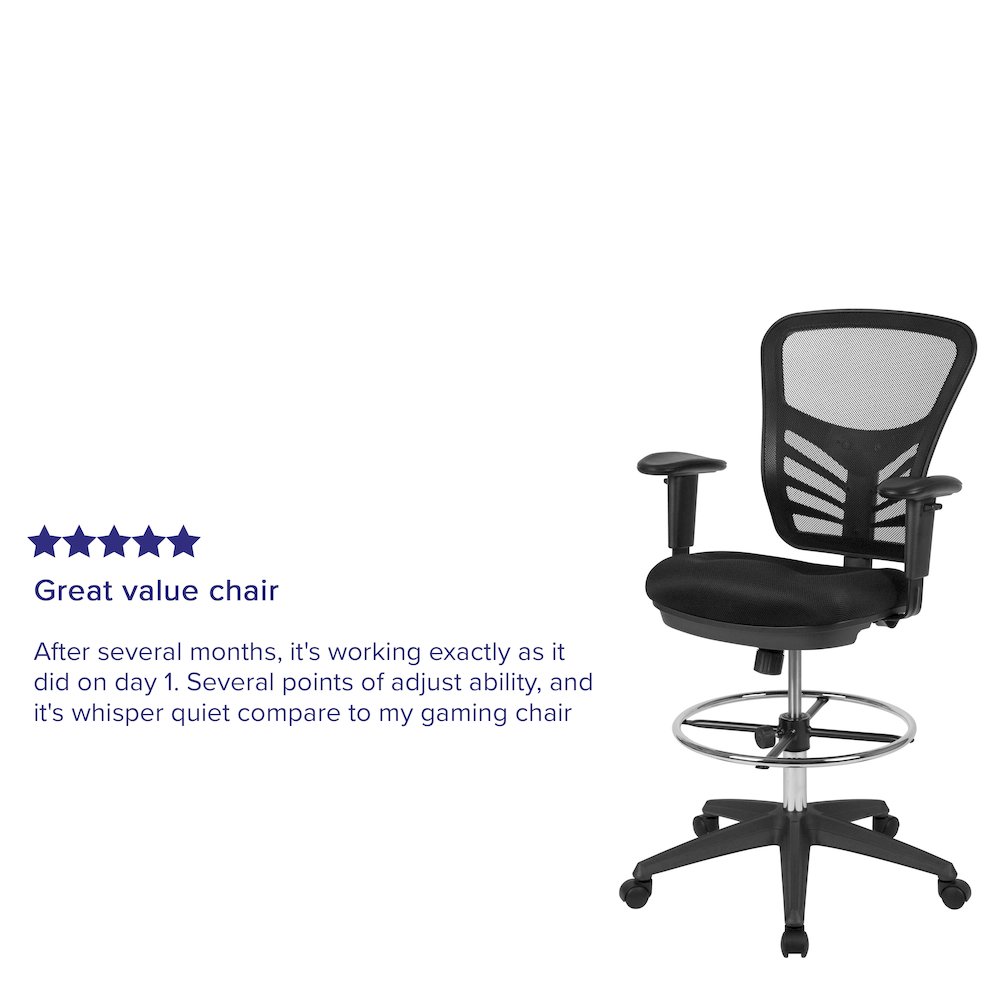 Mid-Back Black Mesh Ergonomic Drafting Chair with Adjustable Chrome Foot Ring, Adjustable Arms and Black Frame. Picture 12
