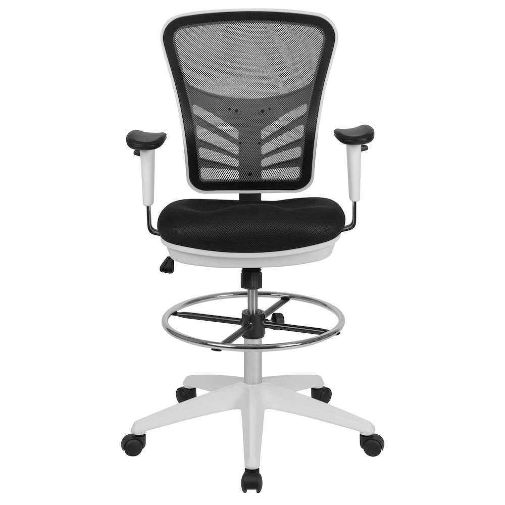 Mid-Back Black Mesh Ergonomic Drafting Chair with Adjustable Chrome Foot Ring, Adjustable Arms and White Frame. Picture 5