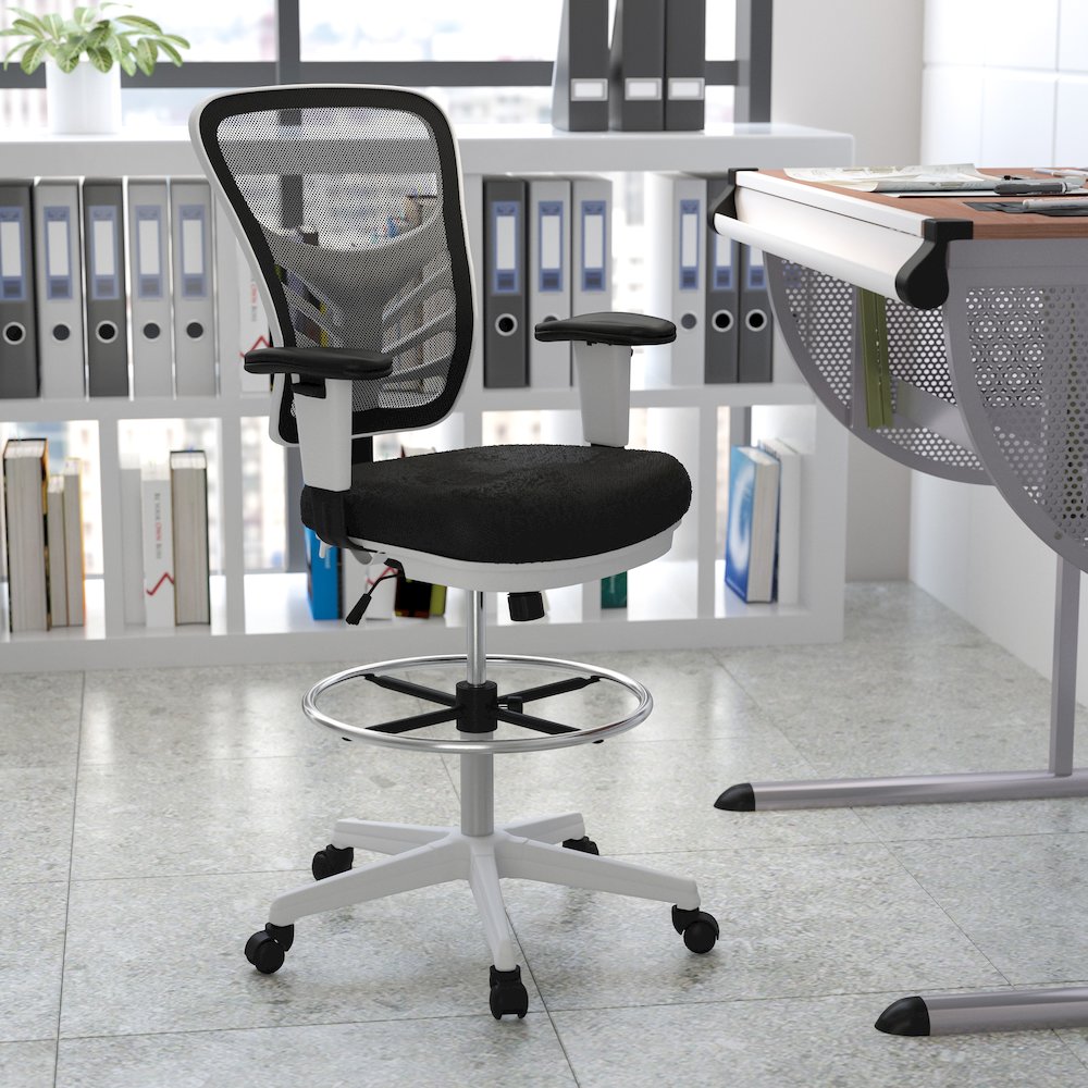 Mid-Back Black Mesh Ergonomic Drafting Chair with Adjustable Chrome Foot Ring, Adjustable Arms and White Frame. Picture 11