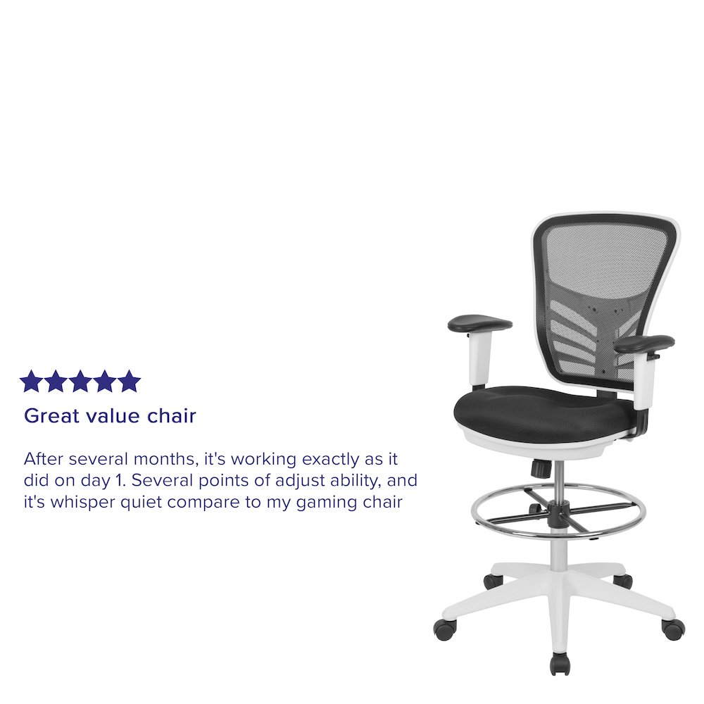 Mid-Back Black Mesh Ergonomic Drafting Chair with Adjustable Chrome Foot Ring, Adjustable Arms and White Frame. Picture 12