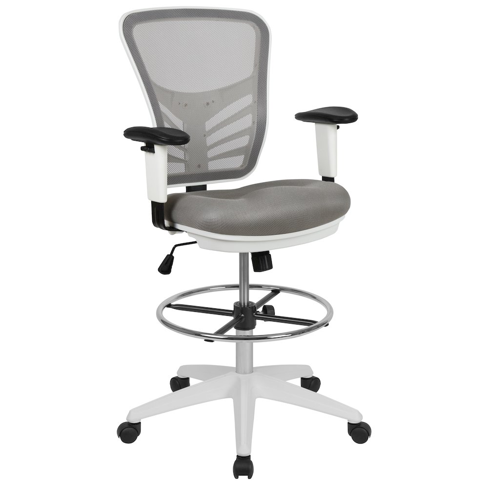 Mid-Back Light Gray Mesh Drafting Chair and White Frame. Picture 1