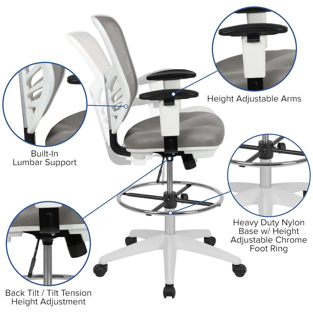 Mid-Back Light Gray Mesh Drafting Chair and White Frame. Picture 5
