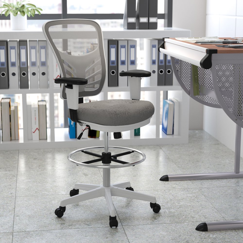 Mid-Back Light Gray Mesh Drafting Chair and White Frame. Picture 2