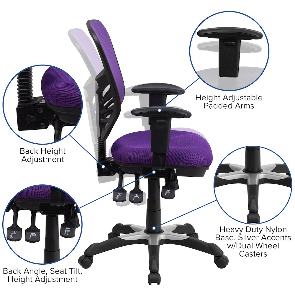 Mid-Back Purple Mesh Multifunction Executive Swivel Office Chair. Picture 6