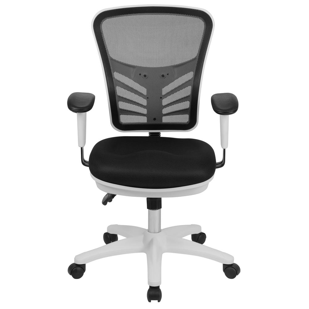 Mid-Back Black Mesh Multifunction Executive Swivel Ergonomic Office Chair with Adjustable Arms and White Frame. Picture 5