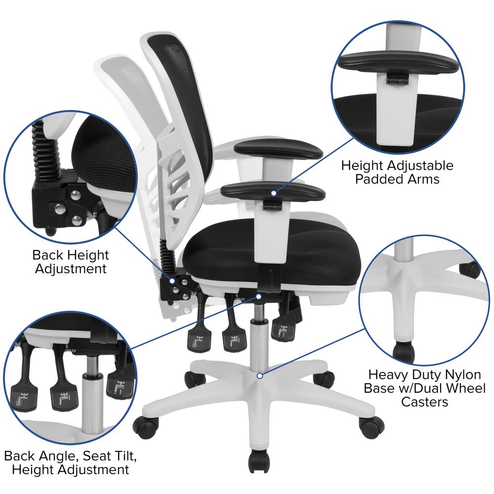 Mid-Back Black Mesh Multifunction Executive Swivel Ergonomic Office Chair with Adjustable Arms and White Frame. Picture 6