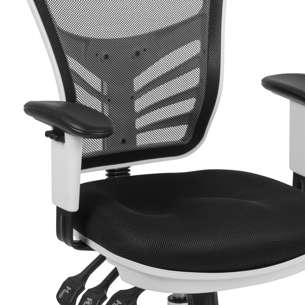 Mid-Back Black Mesh Multifunction Executive Swivel Ergonomic Office Chair with Adjustable Arms and White Frame. Picture 7