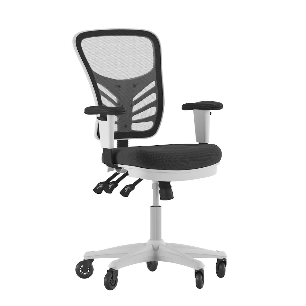 Mid-Back Black Mesh Multifunction Executive Office Chair and White Frame. Picture 1