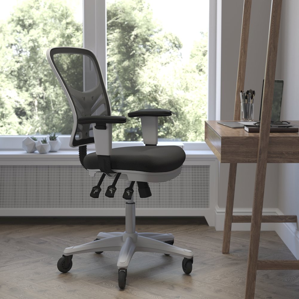 Mid-Back Black Mesh Multifunction Executive Office Chair and White Frame. Picture 2