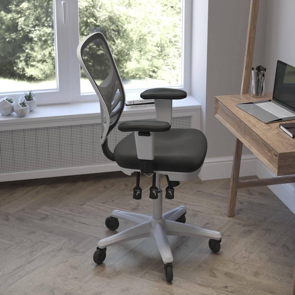 Mid-Back Black Mesh Multifunction Executive Office Chair and White Frame. Picture 6