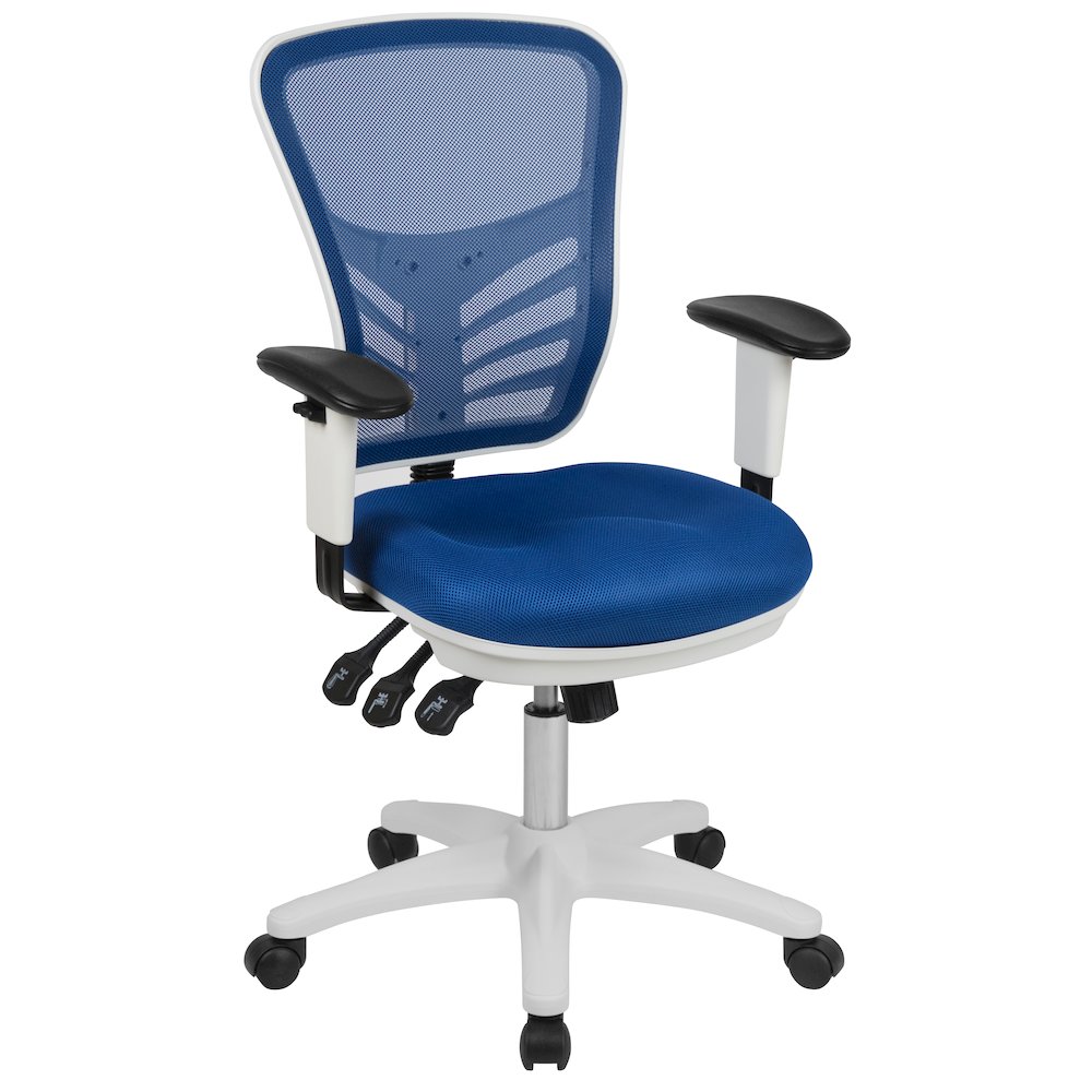 Mid-Back Blue Mesh Multifunction Executive Swivel Office Chair and White Frame. Picture 1
