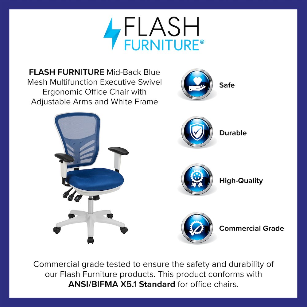 Mid-Back Blue Mesh Multifunction Executive Swivel Office Chair and White Frame. Picture 4