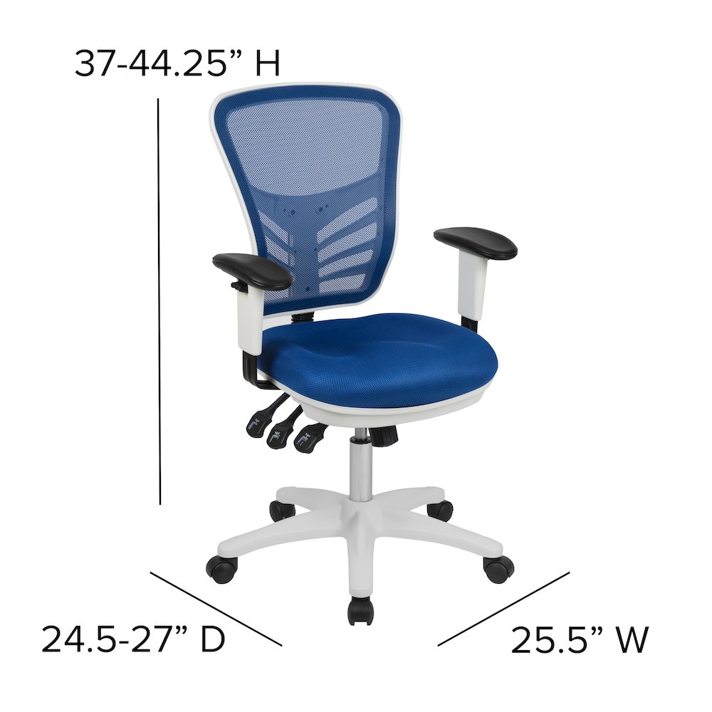 Mid-Back Blue Mesh Multifunction Executive Swivel Office Chair and White Frame. Picture 7