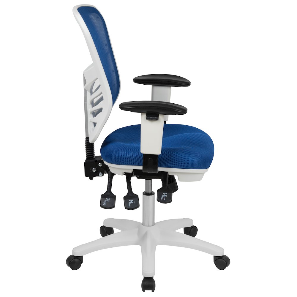 Mid-Back Blue Mesh Multifunction Executive Swivel Office Chair and White Frame. Picture 10