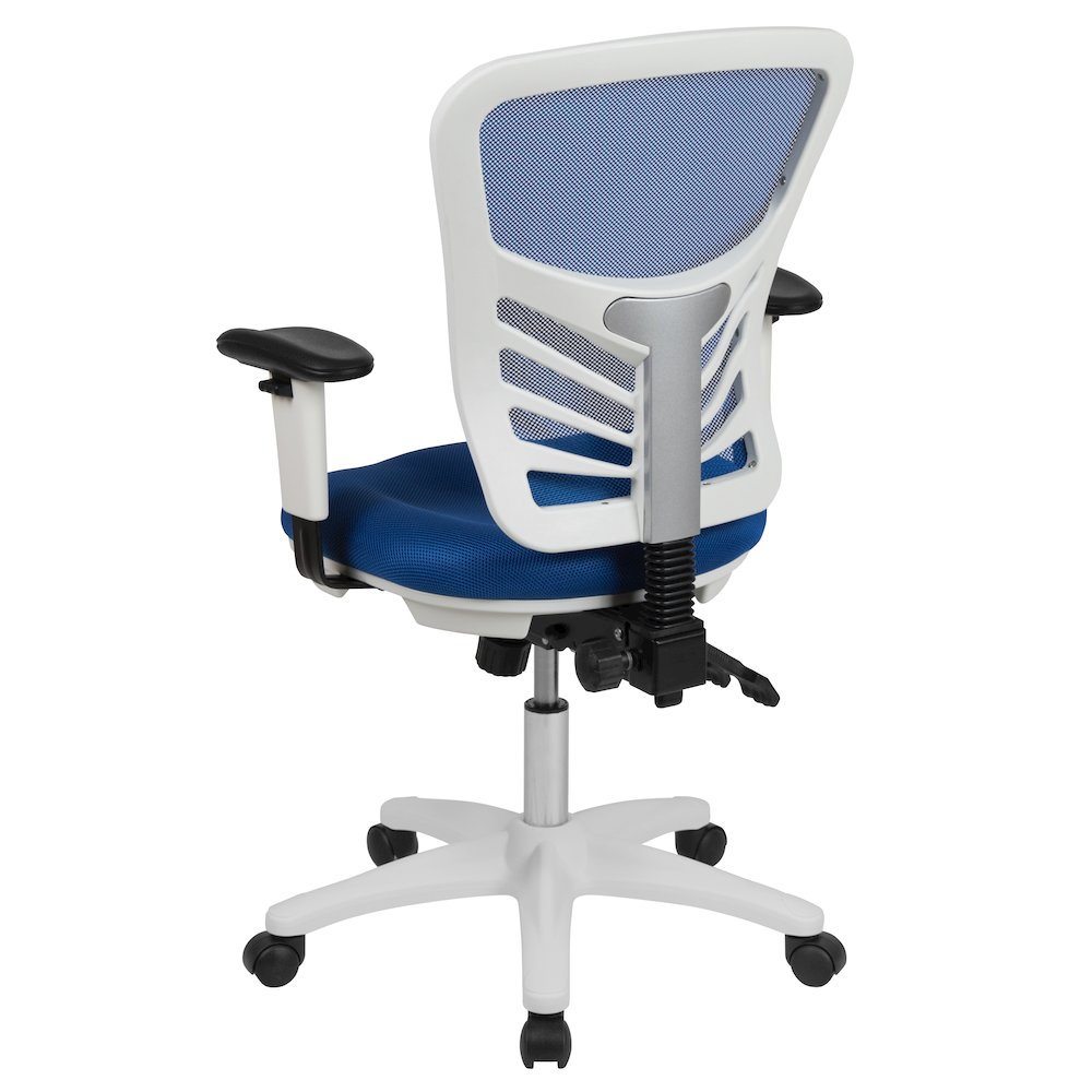 Mid-Back Blue Mesh Multifunction Executive Swivel Office Chair and White Frame. Picture 8