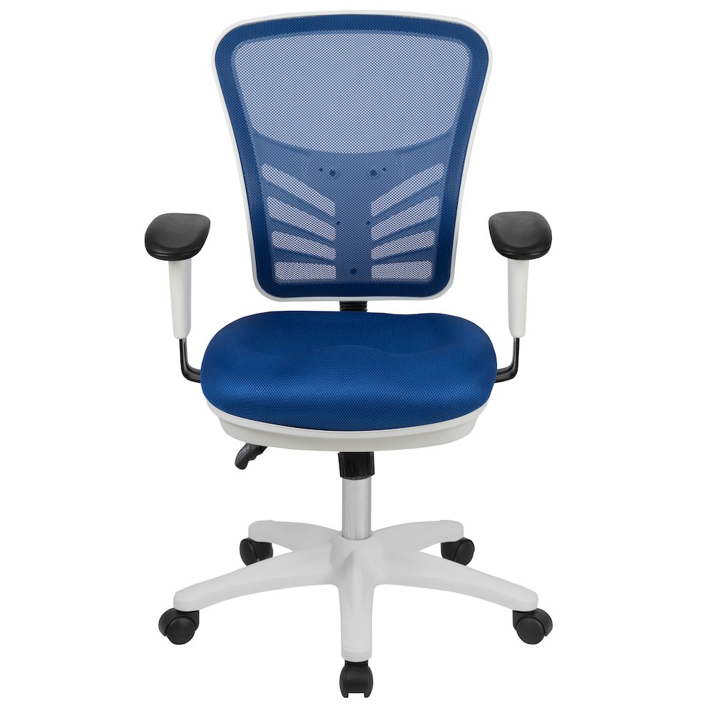Mid-Back Blue Mesh Multifunction Executive Swivel Office Chair and White Frame. Picture 11