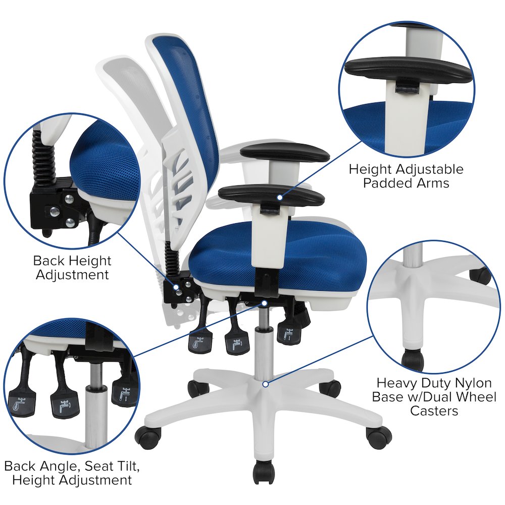 Mid-Back Blue Mesh Multifunction Executive Swivel Office Chair and White Frame. Picture 6