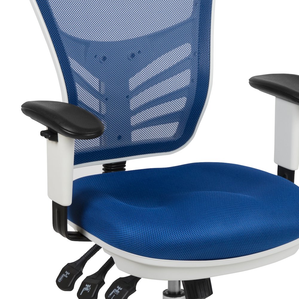 Mid-Back Blue Mesh Multifunction Executive Swivel Office Chair and White Frame. Picture 9