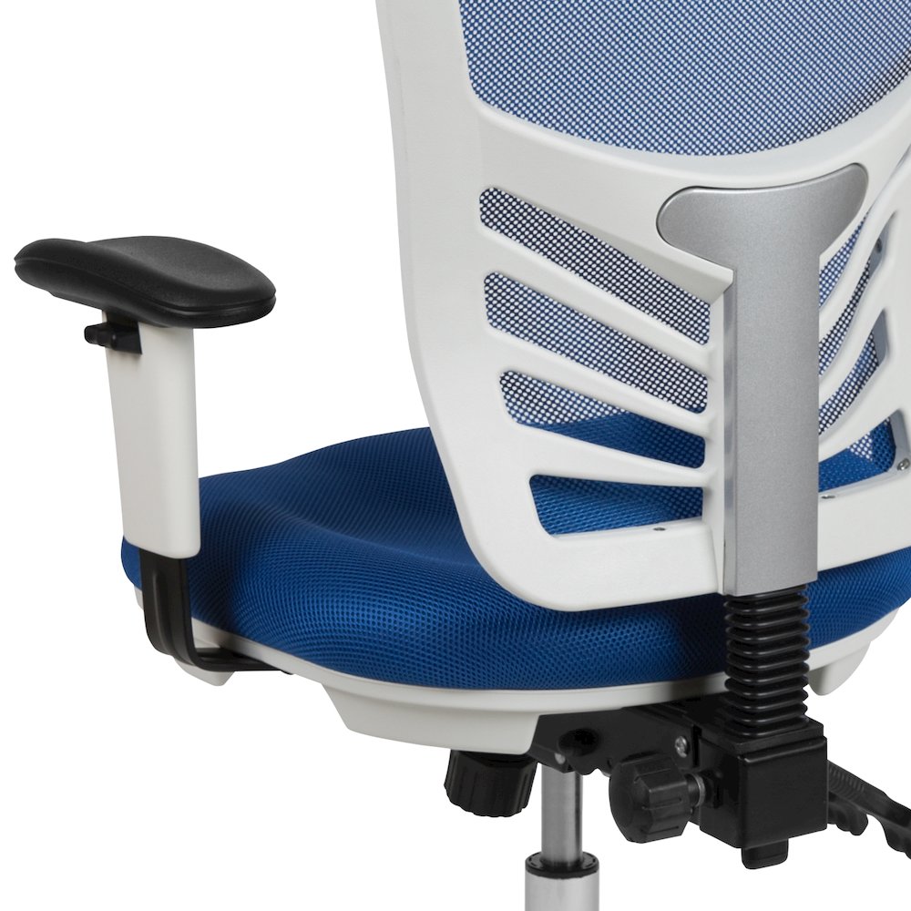 Mid-Back Blue Mesh Multifunction Executive Swivel Office Chair and White Frame. Picture 14