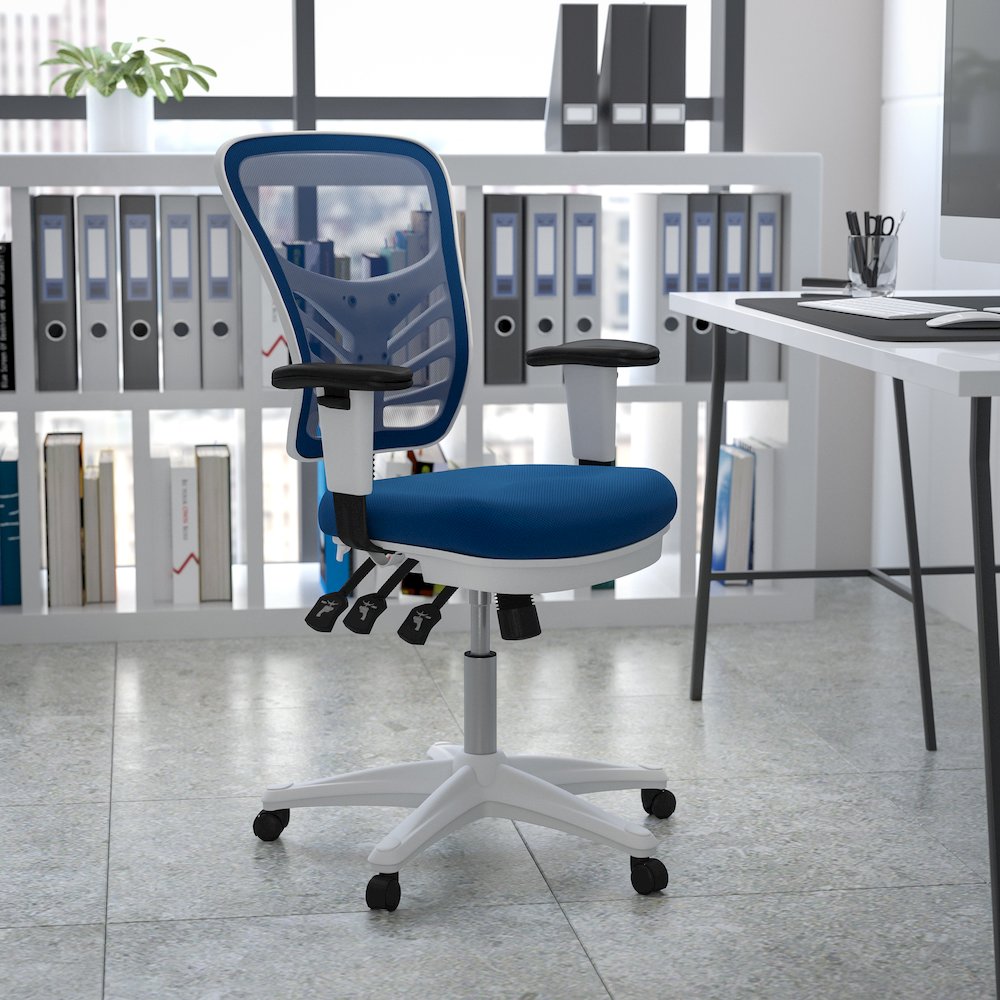 Mid-Back Blue Mesh Multifunction Executive Swivel Office Chair and White Frame. Picture 2