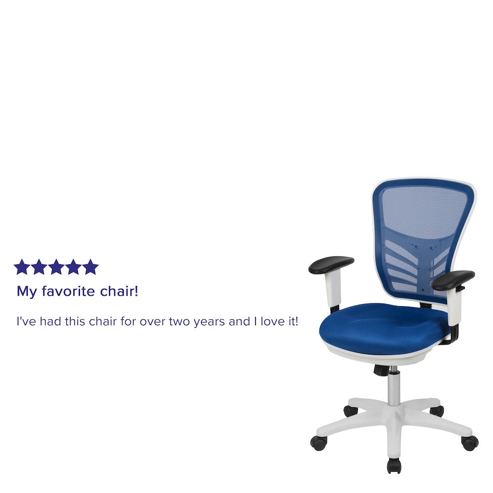 Mid-Back Blue Mesh Multifunction Executive Swivel Office Chair and White Frame. Picture 5