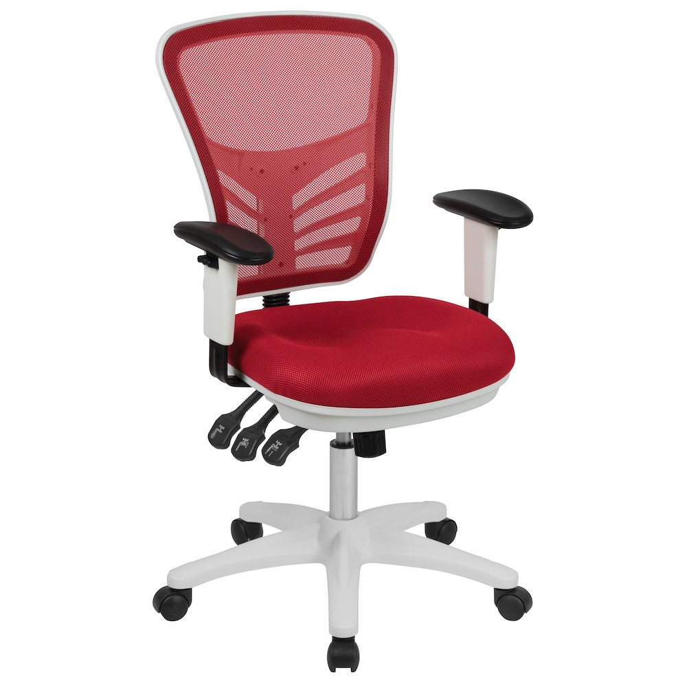 Mid-Back Red Mesh Multifunction Executive Swivel Office Chair and White Frame. Picture 1