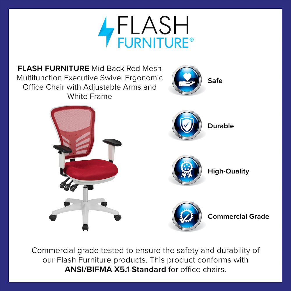 Mid-Back Red Mesh Multifunction Executive Swivel Office Chair and White Frame. Picture 4