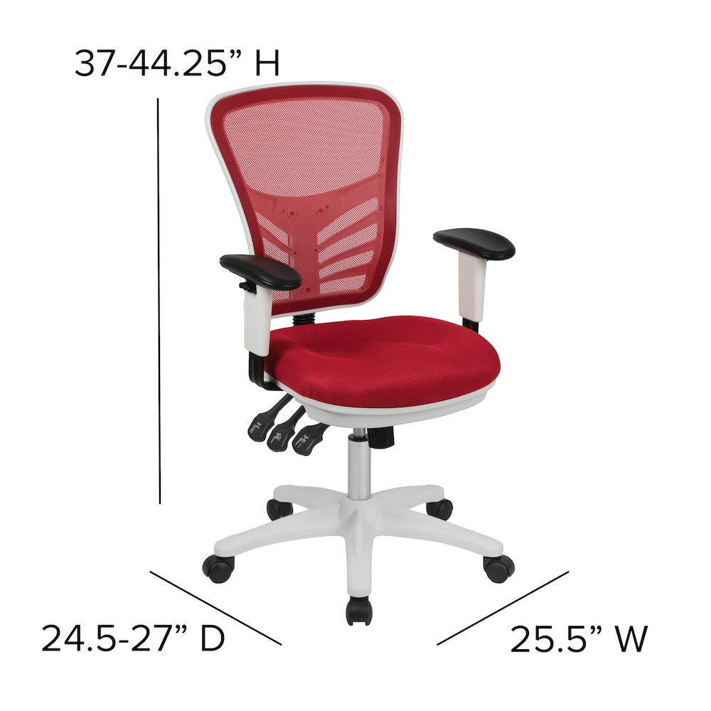Mid-Back Red Mesh Multifunction Executive Swivel Office Chair and White Frame. Picture 7