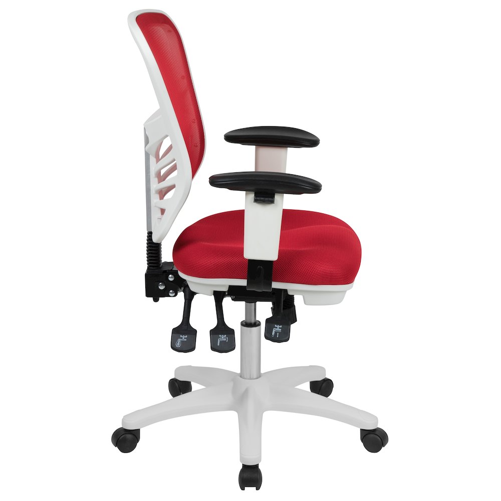 Mid-Back Red Mesh Multifunction Executive Swivel Office Chair and White Frame. Picture 10