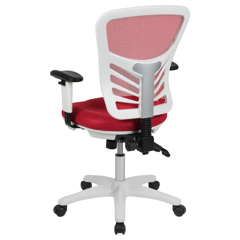 Mid-Back Red Mesh Multifunction Executive Swivel Office Chair and White Frame. Picture 8