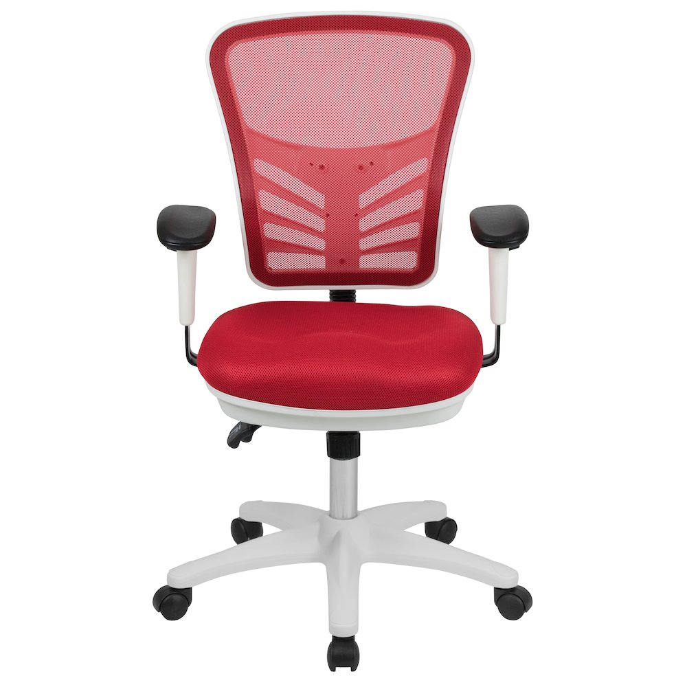 Mid-Back Red Mesh Multifunction Executive Swivel Office Chair and White Frame. Picture 11