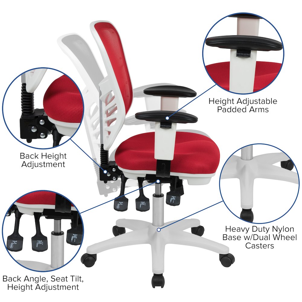 Mid-Back Red Mesh Multifunction Executive Swivel Office Chair and White Frame. Picture 6