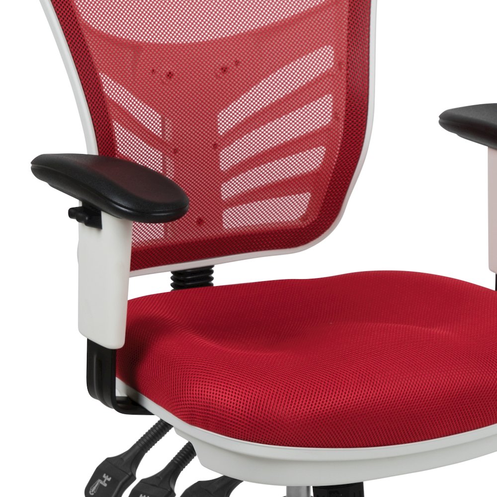 Mid-Back Red Mesh Multifunction Executive Swivel Office Chair and White Frame. Picture 9