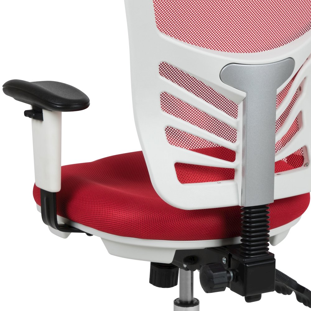 Mid-Back Red Mesh Multifunction Executive Swivel Office Chair and White Frame. Picture 14