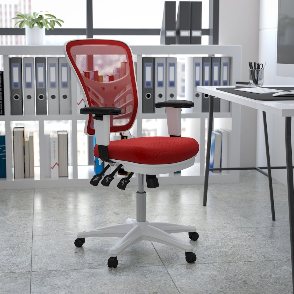 Mid-Back Red Mesh Multifunction Executive Swivel Office Chair and White Frame. Picture 2
